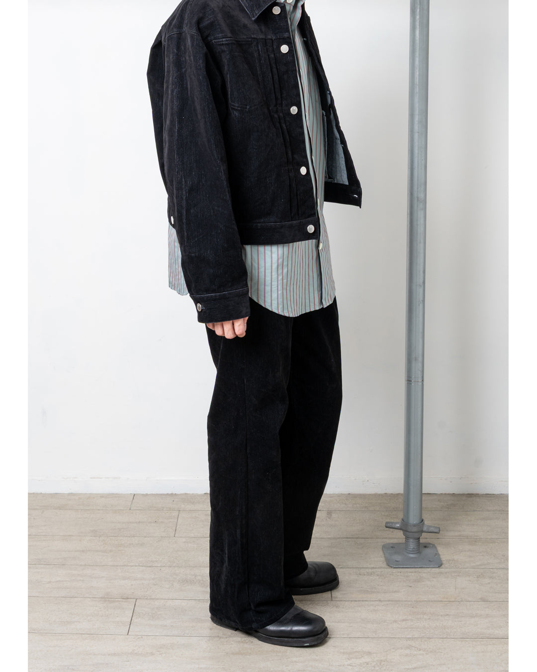 FLOCKED DENIM WIDE TAILORED PANTS (BLK)