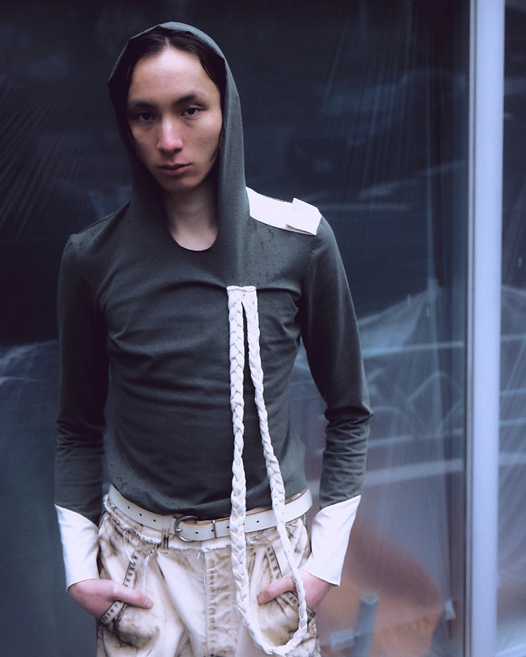 HOODIE WITH SHOULDER PATCH AND BRAIDED DRAPES