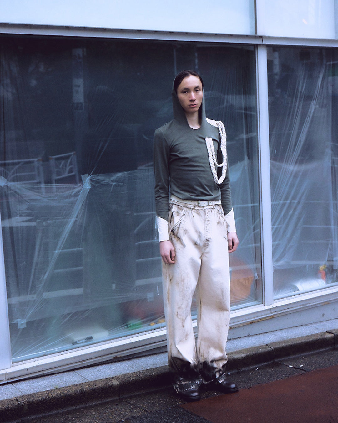 HOODIE WITH SHOULDER PATCH AND BRAIDED DRAPES