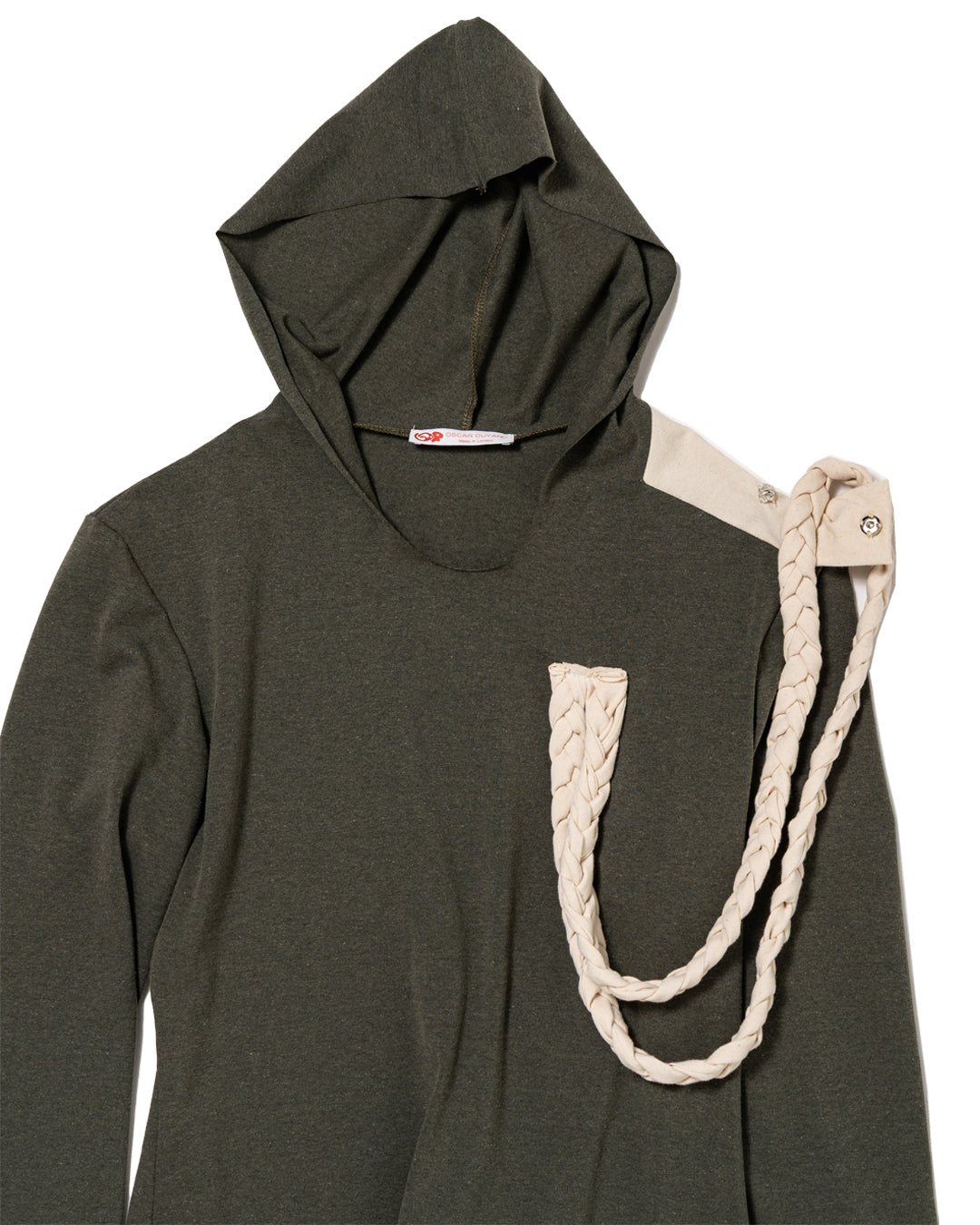 HOODIE WITH SHOULDER PATCH AND BRAIDED DRAPES