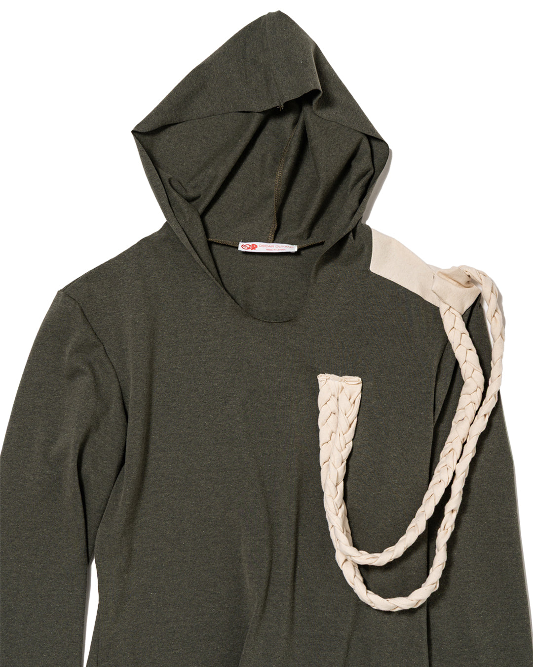 HOODIE WITH SHOULDER PATCH AND BRAIDED DRAPES