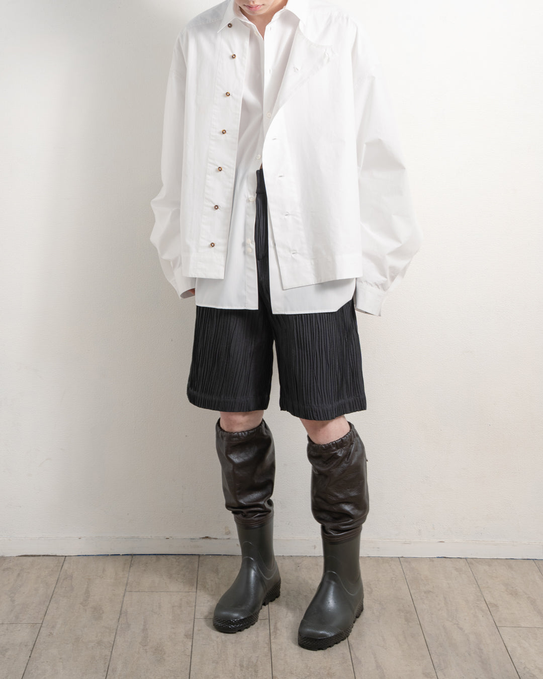 ASYMETRIC COLLARLESS POPLIN SHIRT (WHT) *LAST