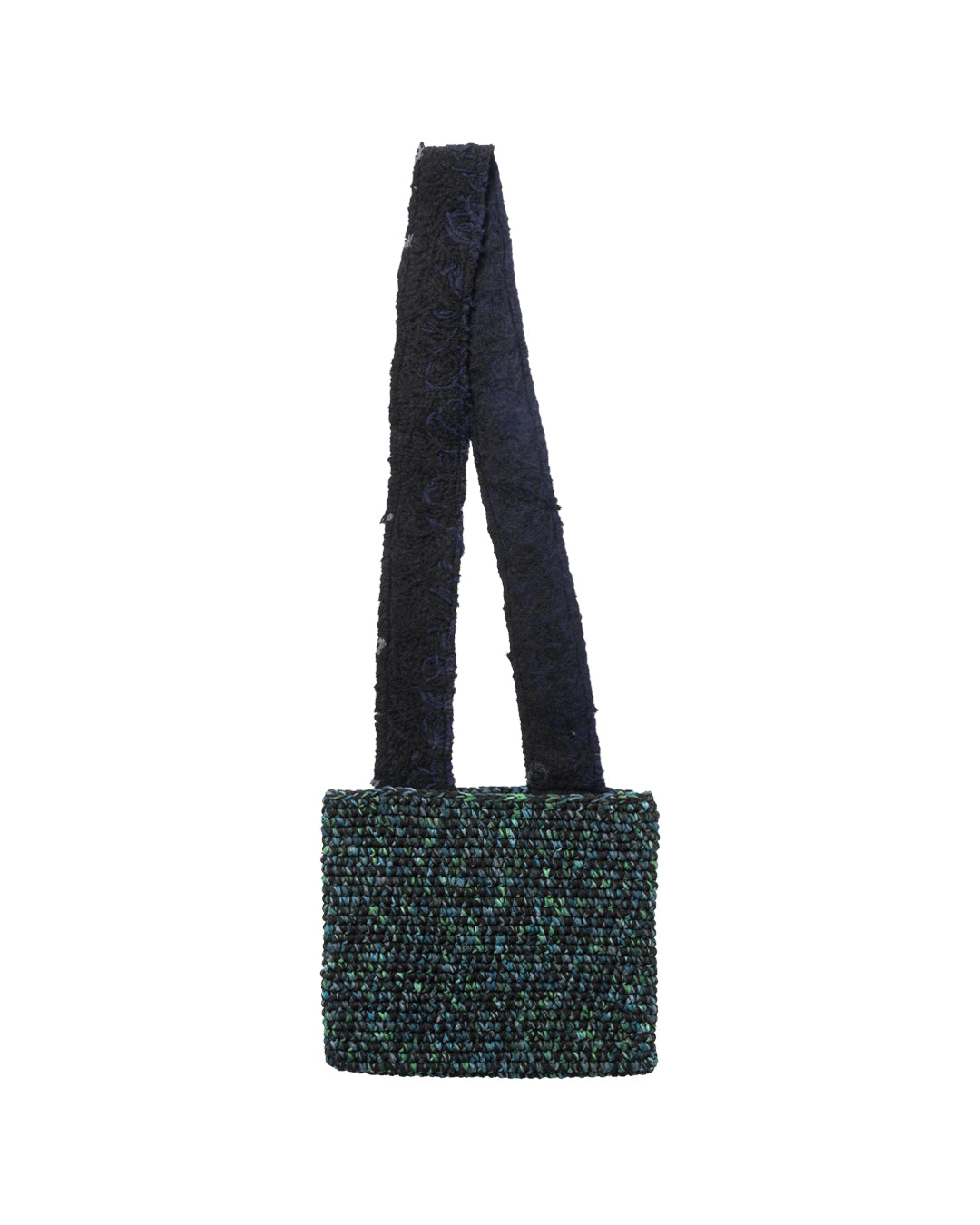CROCHET POUCH BAG WITH YARN-PUNCTURED DENIM STRAP
