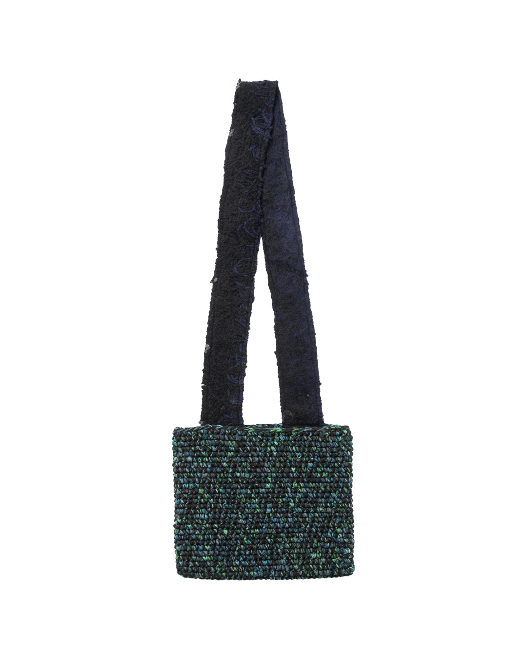 CROCHET POUCH BAG WITH YARN-PUNCTURED DENIM STRAP