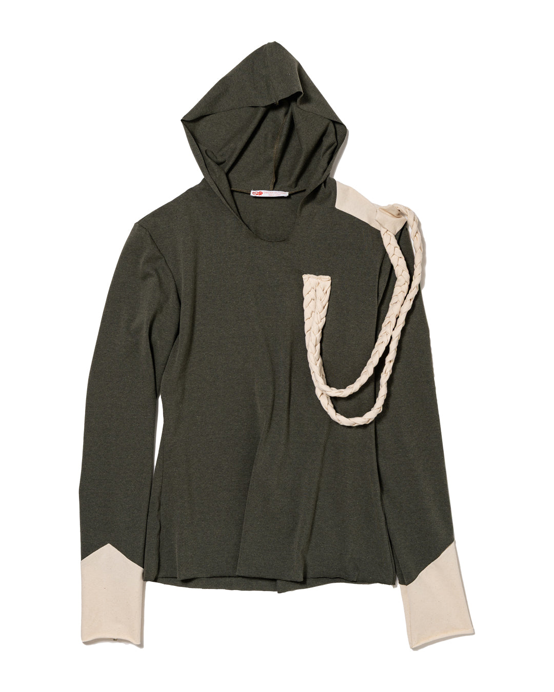 HOODIE WITH SHOULDER PATCH AND BRAIDED DRAPES