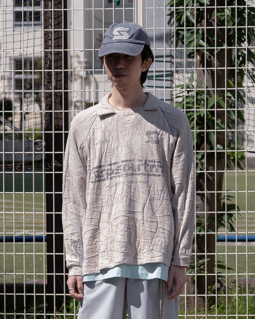 BEIGE LONG SLEEVE KNIT FOOTBALL TOP