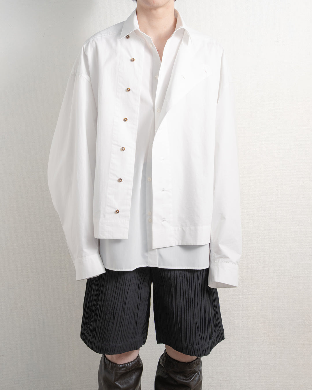 ASYMETRIC COLLARLESS POPLIN SHIRT (WHT) *LAST