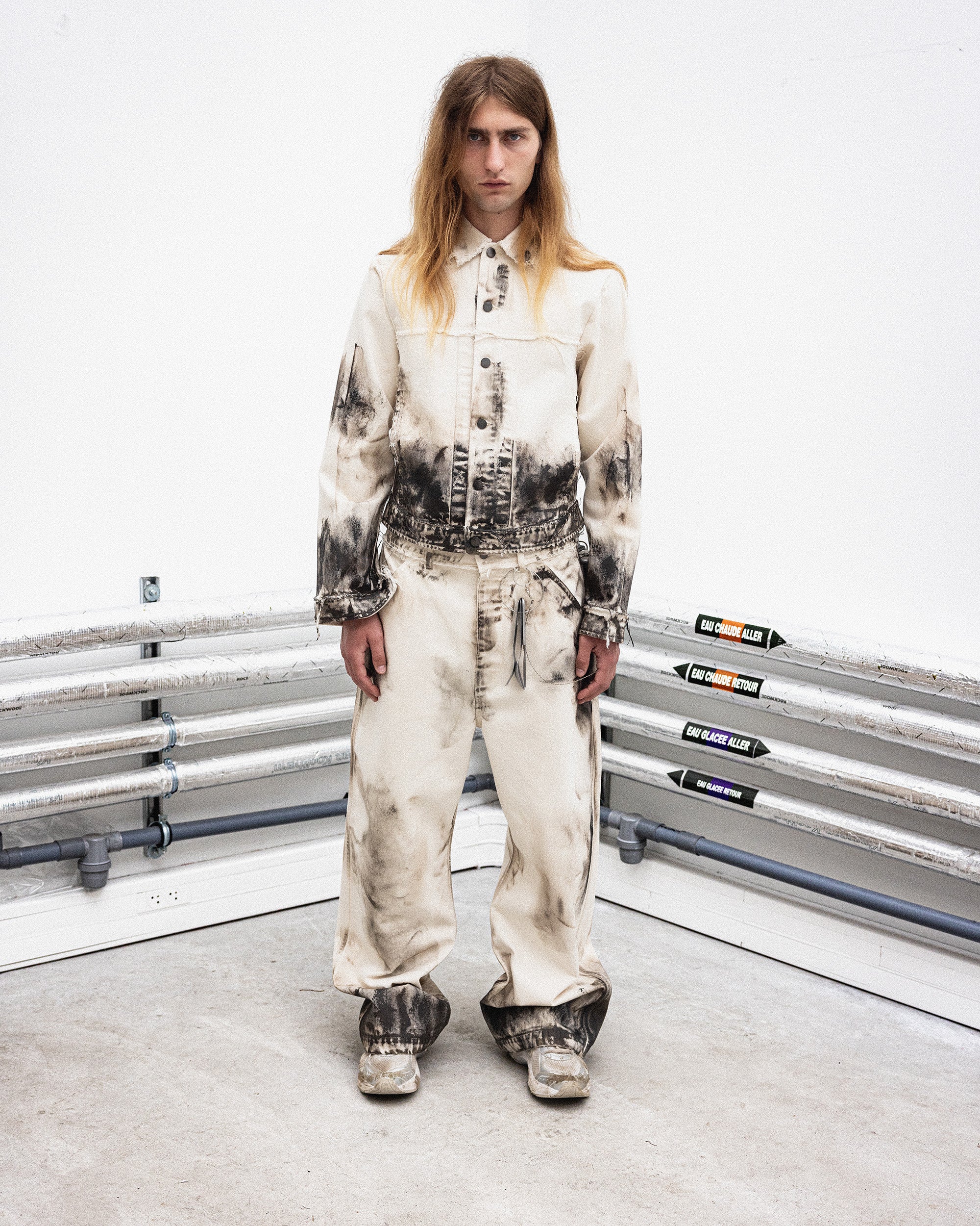 DIRT EFFECT DENIM BIG FIT PANTS WOVEN